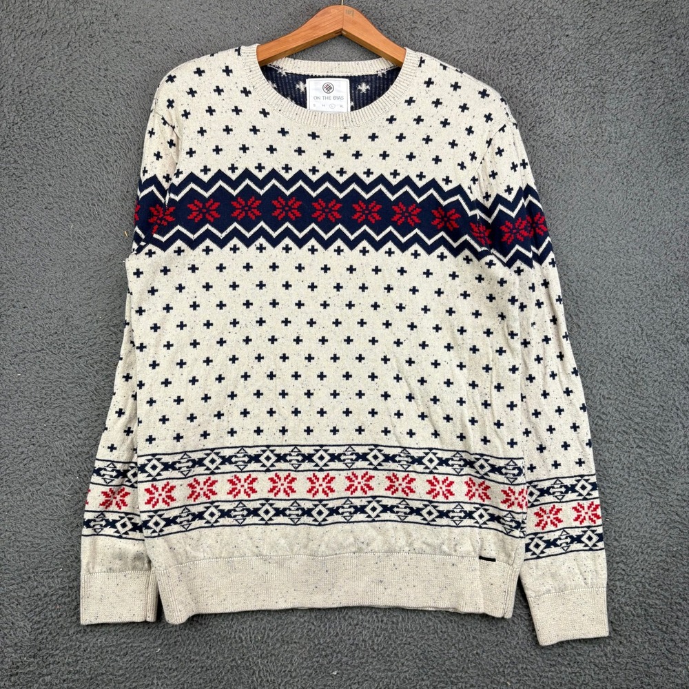 On The Byas Womens Large Fair Isle Knit Sweater Beige Navy Red Geometric Speckle